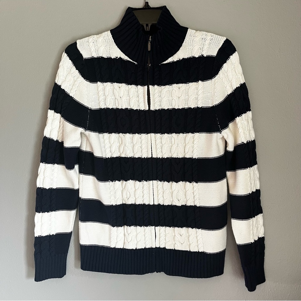 LL Bean Women PS Thick Chunky Cable Knit Sweater Zip Blue‎ White Nautical stripe